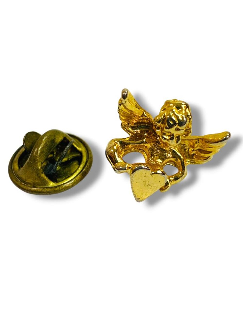 Goldtone Guardian Angel Pin Shoulder Lapel Pin Holding Heart .5"